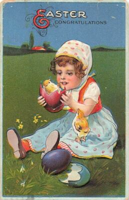 c1910  Girl Holding Hatching Chick Egg Easter P304