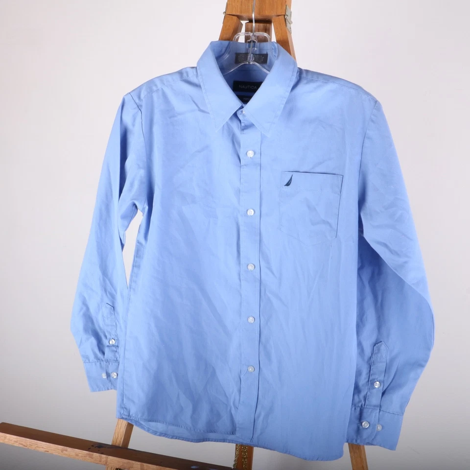 Nautica Poplin Button Front Casual Dress Shirt Boy's 14 Blue Long Sleeve - Image 2 of 4