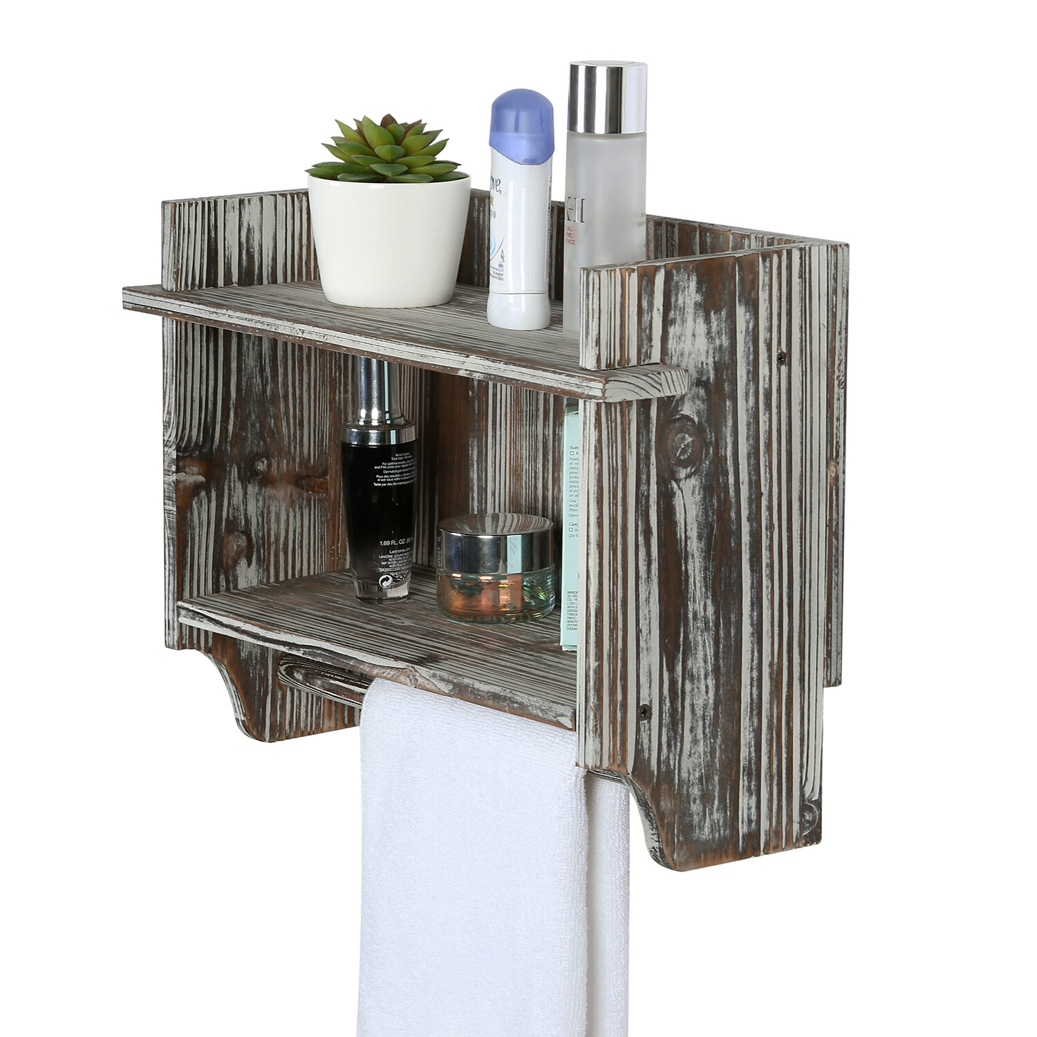 MyGift Wall Mounted Torched Wood Bathroom Shelf Organizer, 2 Tier Display Rack with Hanging Towel Bar