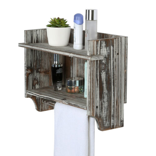MyGift Wall Mounted Torched Wood Bathroom Storage Rack, 2 Shelves and Towel Bar - Picture 5 of 6