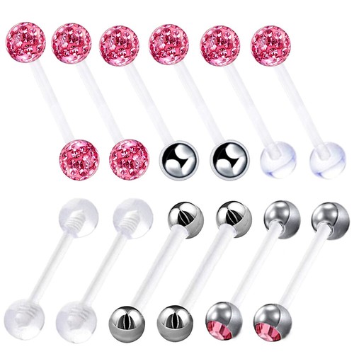 12X Mix Steel Crystal Ball Tongue Barbell Flexible Bar Navel Nipple Ring 16-38mm - Picture 2 of 13