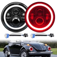 For VW Beetle 1967-1979 Pair 7" Inch Round LED Headlight Hi/Lo Beam Red Halo DRL