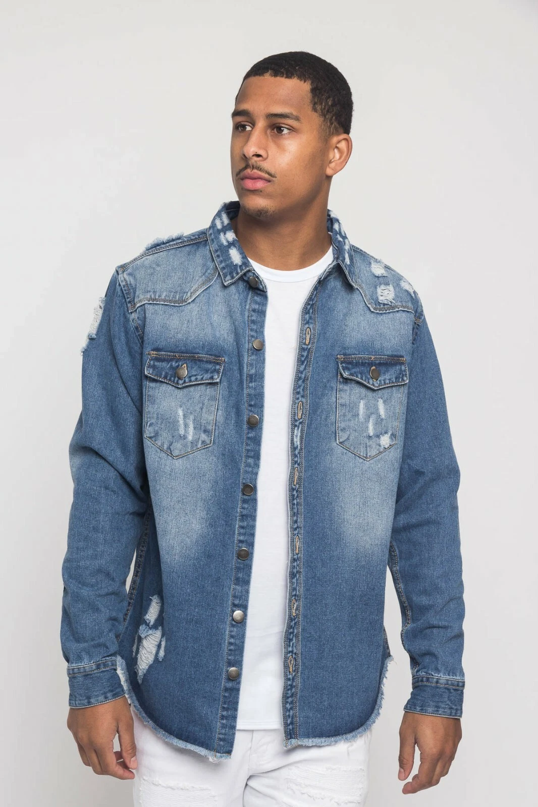 Victorious Men's Long Sleeve Button Up Distressed Denim Jean Jacket DK158
Opens in a new window or t