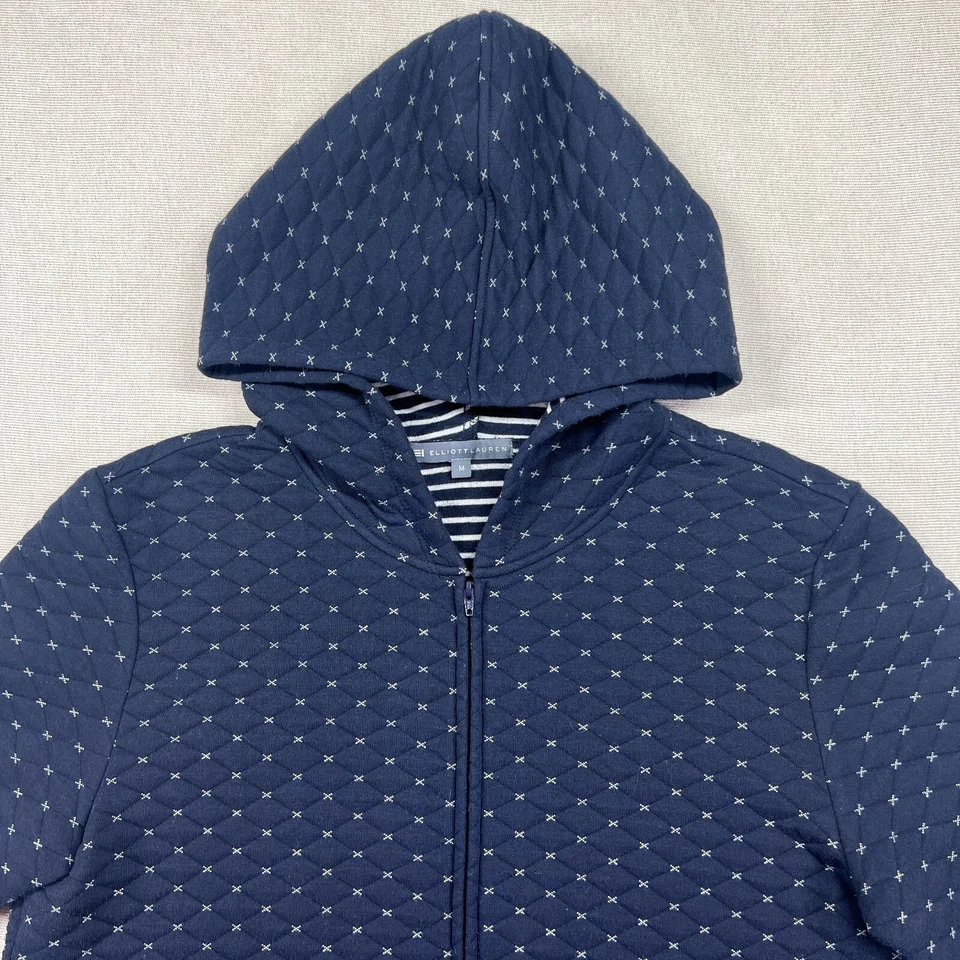 Chaqueta Elliott Lauren Mujer M Azul Marino Blanco Geo Estampado Forrada Capucha Cremallera Completa Hecha en EE. UU. Foto 2 de 4