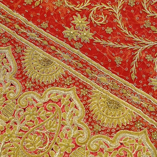 Vintage Heavy Bridal Dupatta Red Pure Chiffon Silk Long Stole Hand Embroidered - Picture 11 of 24