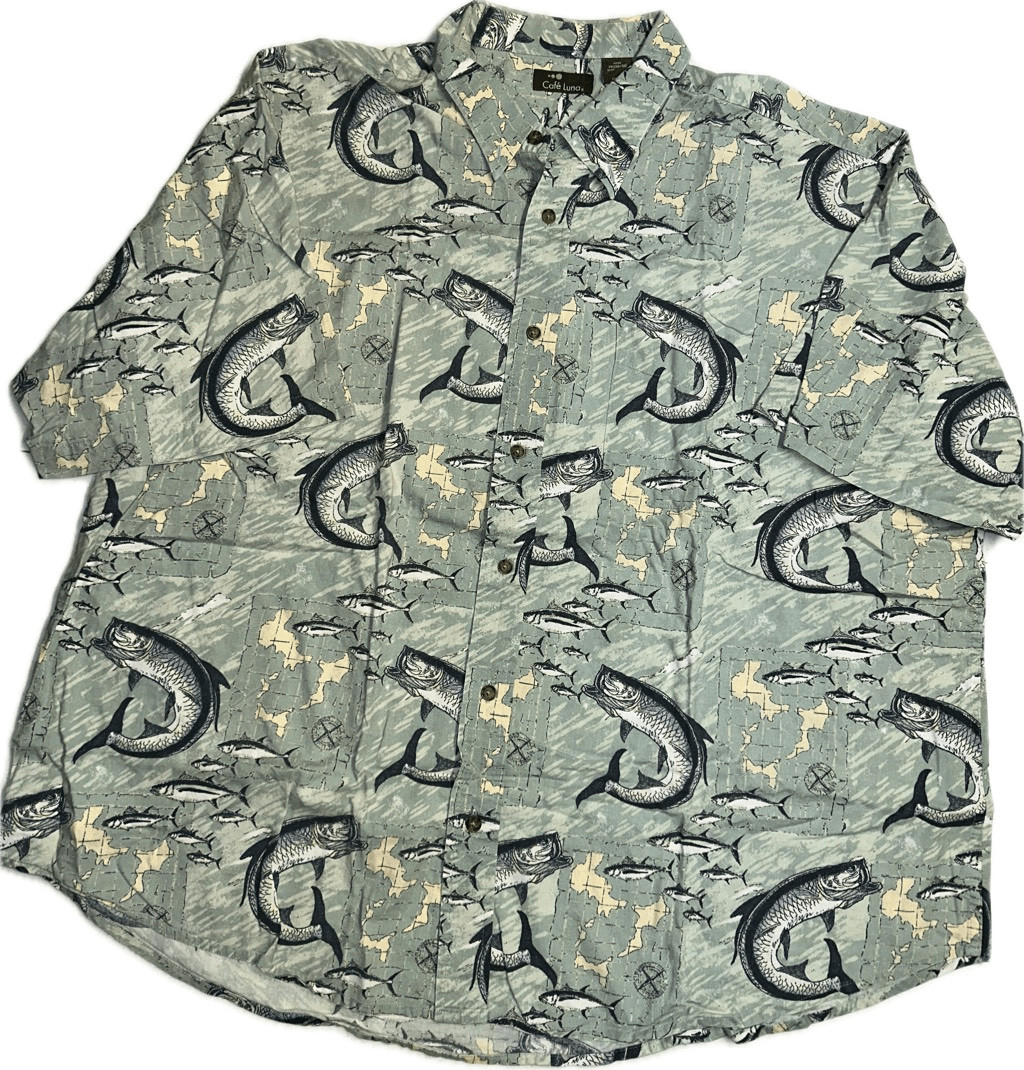 Camisa informal con botones Cafe Luna para hombre talla 2XL verde pesca pescado