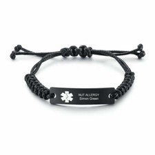 Medical Alert ID Tag Black Braided Rope Bracelet Personalized Free Engraving