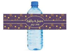 Glowing Stars on Purple Wedding Anniversary Birthday Water Bottle Labels