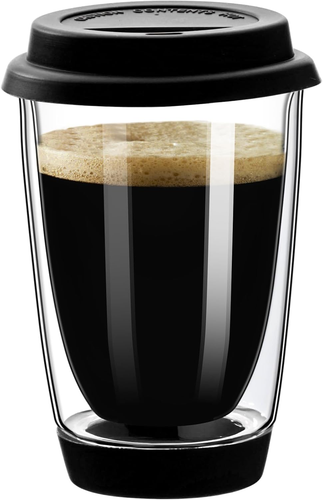 Double Walled Glass Coffee Mugs, Glass Coffee Cugs with Silicone Lid 12OZ, Insul