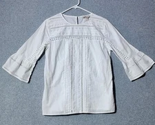 LOFT Outlet Women’s White Eyelet Lace Blouse Size S Bell Sleeve Cotton Top
