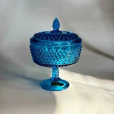 Vintage L.E. Smith Colonial Blue Hobnail Stemmed Compote Candy Dish w/ Lid