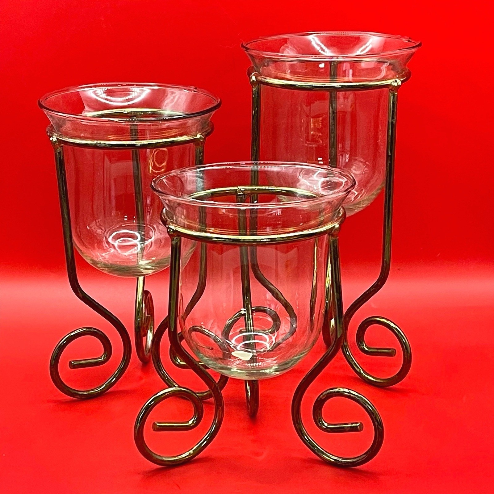 Vintage Votive Candle Holders 3 Gold Scroll Metal Glass Hurricane Mexico Whimsy