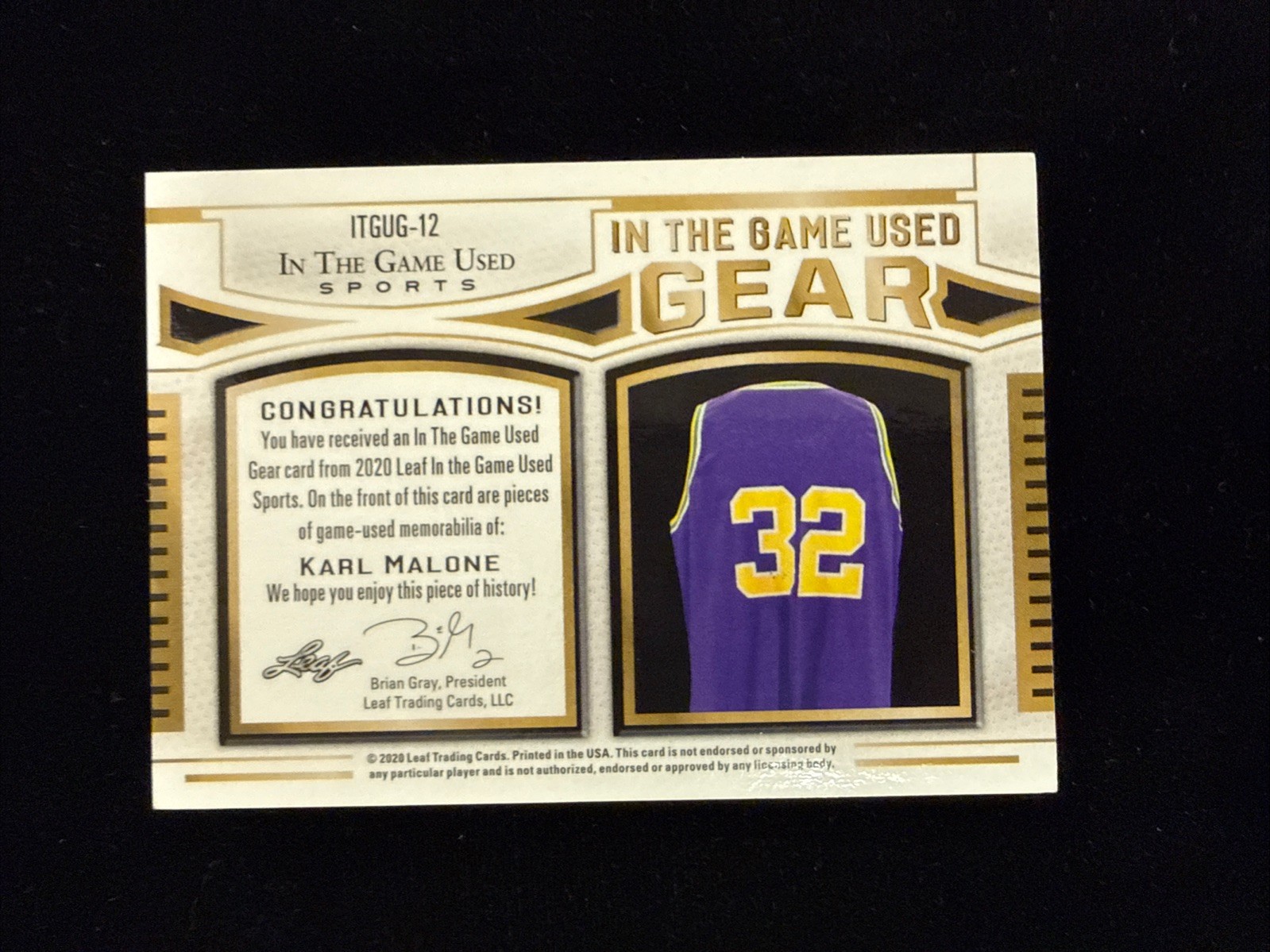 2020 Leaf In the Game Gear Used Patch Jersey # Match 32/50 Lakers Karl Malone Fm view 2