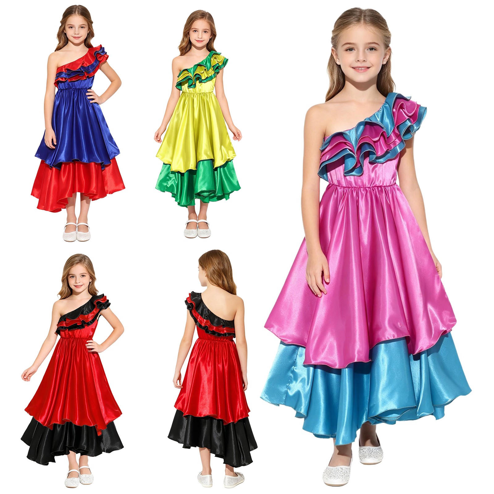 Niñas Disfraz Estilo Étnico Brasileño Vestido de Baile de Un Hombro para Fiesta de Carnaval