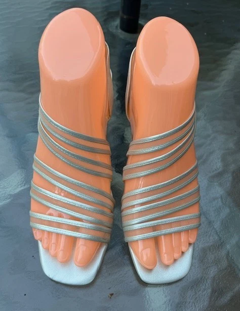 Ann Marino  Silver-Cream Strappy Slingbacks - 2.75" Chunky Heel -Size 7M Unworn - Image 2 of 4