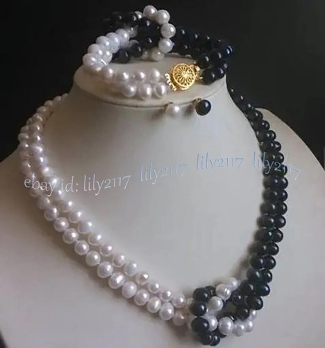 2 Rows Real Natural White Black Freshwater Pearl Necklace Bracelet Earrings Set - Picture 4 of 10