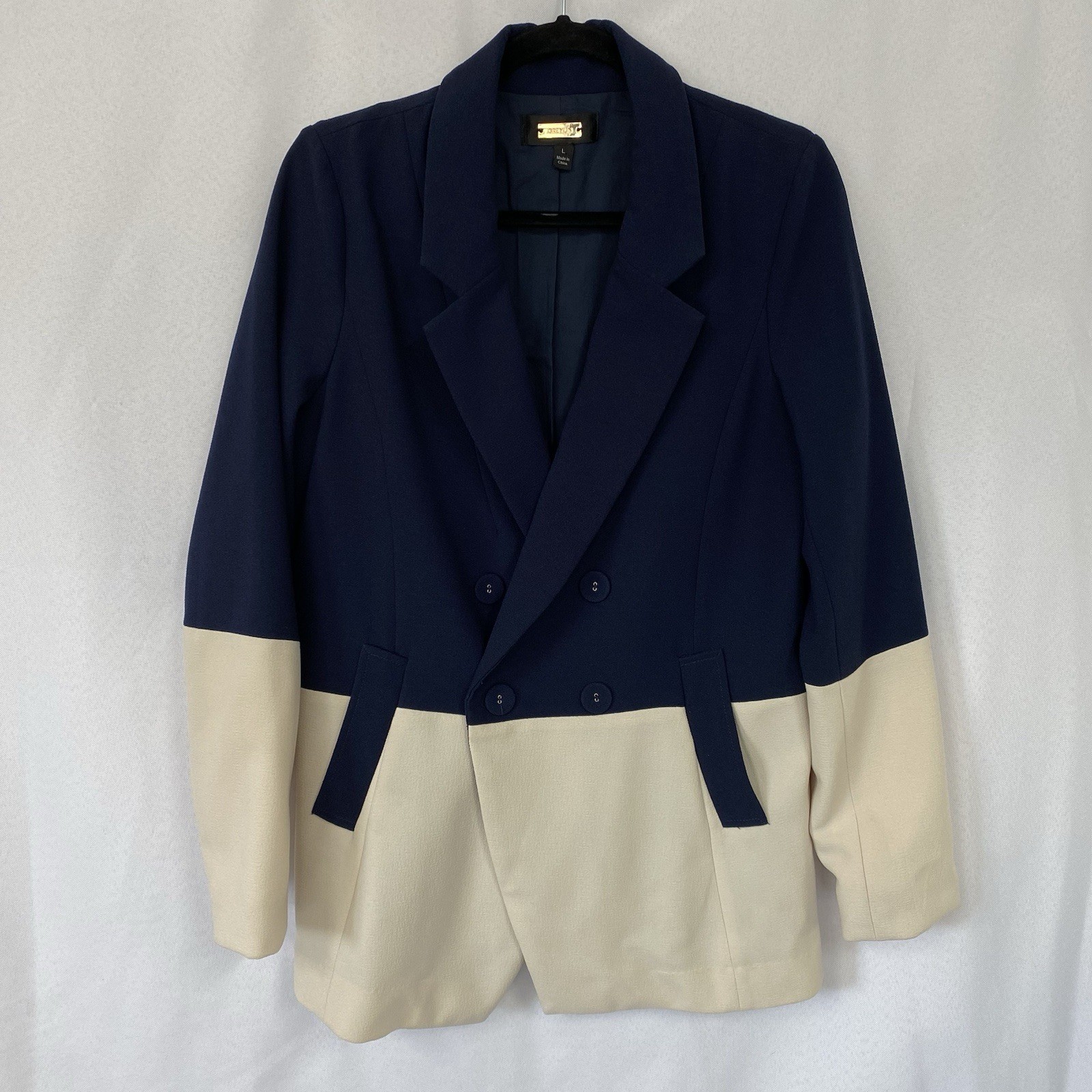 Greylin Color Block Blazer Size Large Navy & Ivory Long Sleeve Button Up