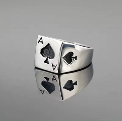 Ring  Kartenspielen Größeverstellbar Schwarz- Silber 925 offen Damen Herren