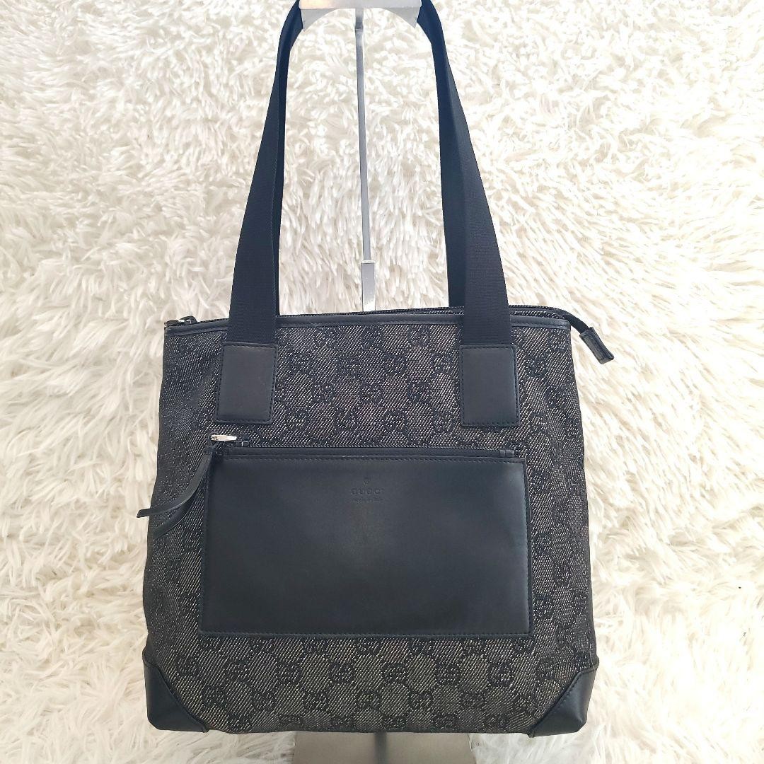 GUCCI GG Canvas Tote Bag Black Leather Unisex Authentic Fashion Bag thumbnail 2