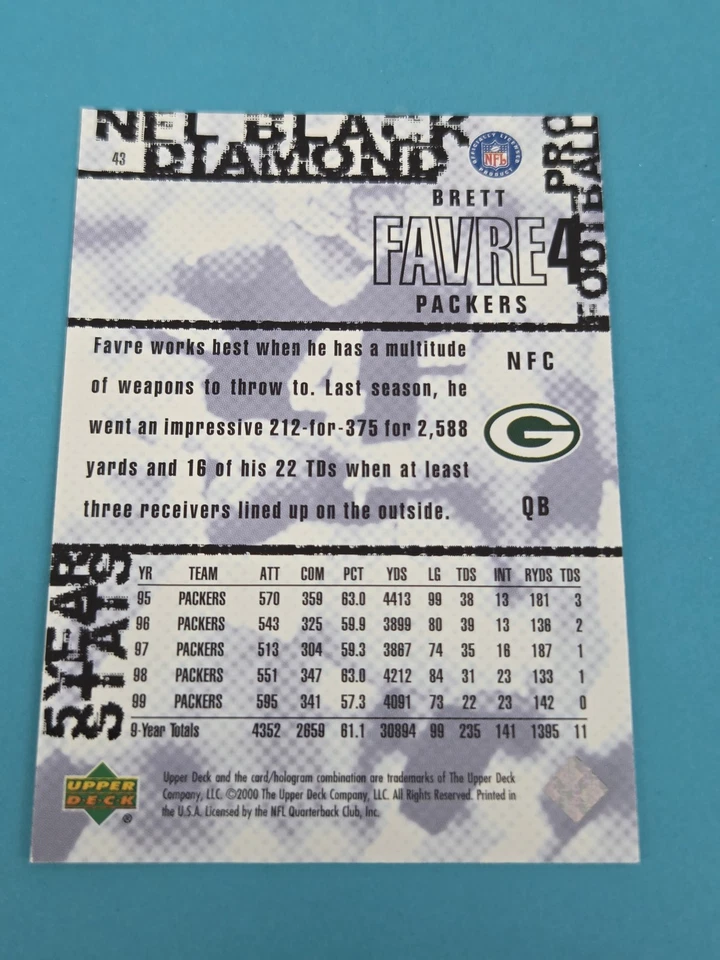 2000 Upper Deck Black Diamond #43 Brett Favre Green Bay Packers FOOTBALL Card 6H - Image 2 of 2