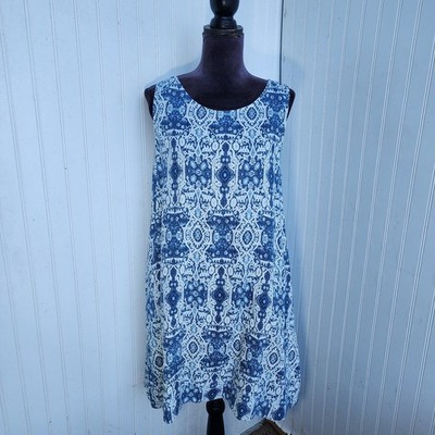 Rachel Zoe 100% Linen Blue White Warm Tone Floral Geo Sleeveless A-Line Dress L
