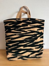 mina perhonen Tote Bag Beige Canvas Green Geometric Suede, Excellent Condition