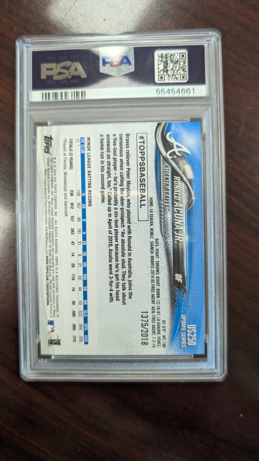 2018 Topps Update Ronald Acuna Jr. RC Gold Parallel 2018 #US250 PSA 10 1375/2018 view 3
