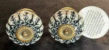 2 Handpainted Black White Floral Ceramic Cabinet Knobs with Brass Hardware.