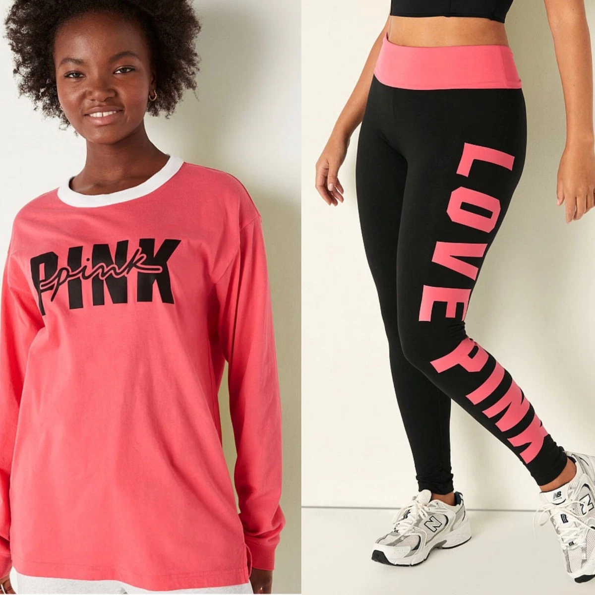 Victoria's Secret PINK Cotton Full Length Foldover Leggings & L/S Campus  Tee SET