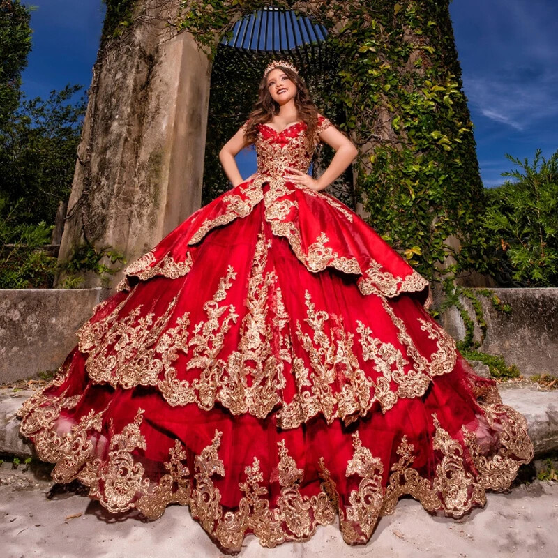 Mexican Red Quinceanera Dresses Ball Gown Gold Lace Applique Corset Sweet  16 ﻿