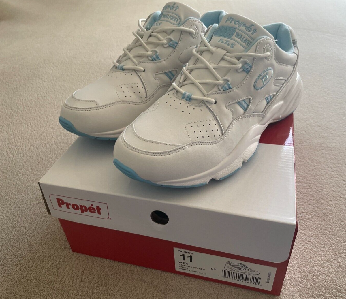 Propet Womens Stability Walker White Light Blue 11 Wide Walking Shoes  W2034