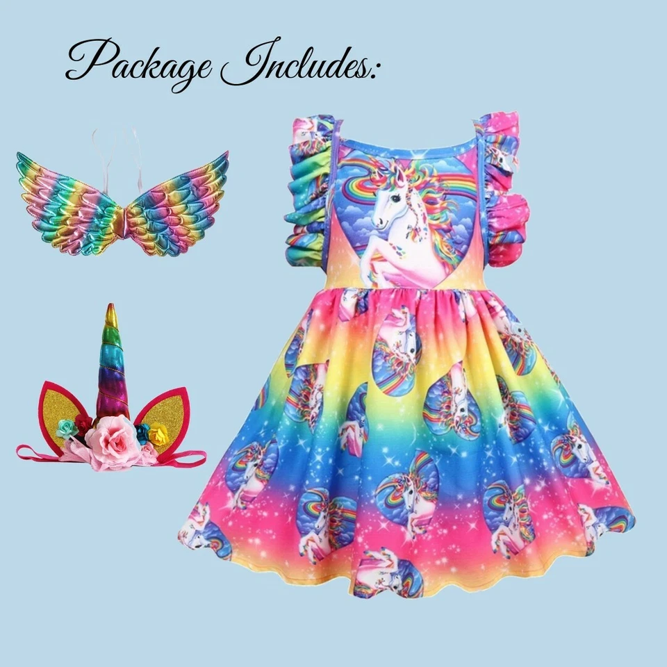 Vestido de Cumpleaños para Niños de 7 Años Fiesta Poni Unicornio Estampado Arco Iris Niña Vestido Fiesta Foto 3 de 4