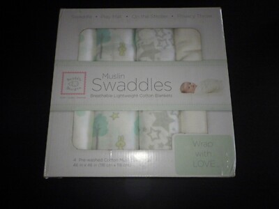 SwaddleDesigns Cotton Muslin Swaddle Blankets, Set of 4, Sea Crystal 46''x46''