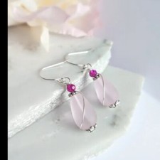 Handcrafted Pink Sea Glass Teardrop Silver Ladies Dangle Earrings
