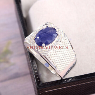 Heated Blue Sapphire Gemstone with 925 Sterling Silver Ring for Men's #159