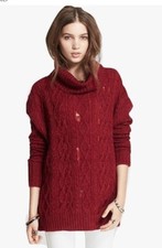 Free People Women's Deep Red Cable Knit Vintage Worn Look Sweater Size Medium
