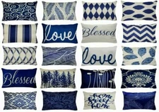 12x20" Linen Navy Blue Throw PILLOW COVER Double-Sided Retro Lumbar Cushion Case