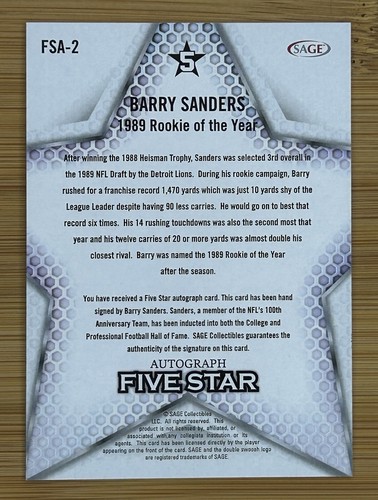 2024 Sage Barry Sanders FSA-2 Five Star Red On Card Auto - LIONS HOF LEGEND RB - Picture 2 of 2