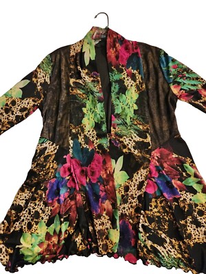 Duster Jacket Leopard Floral Tropical HK Zion Large Long Sleeve Glitter Accents