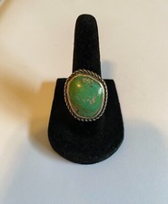 Large Vintage NAVAJO Sterling Silver Rope Edge Green Turquoise Ring Size 6.75