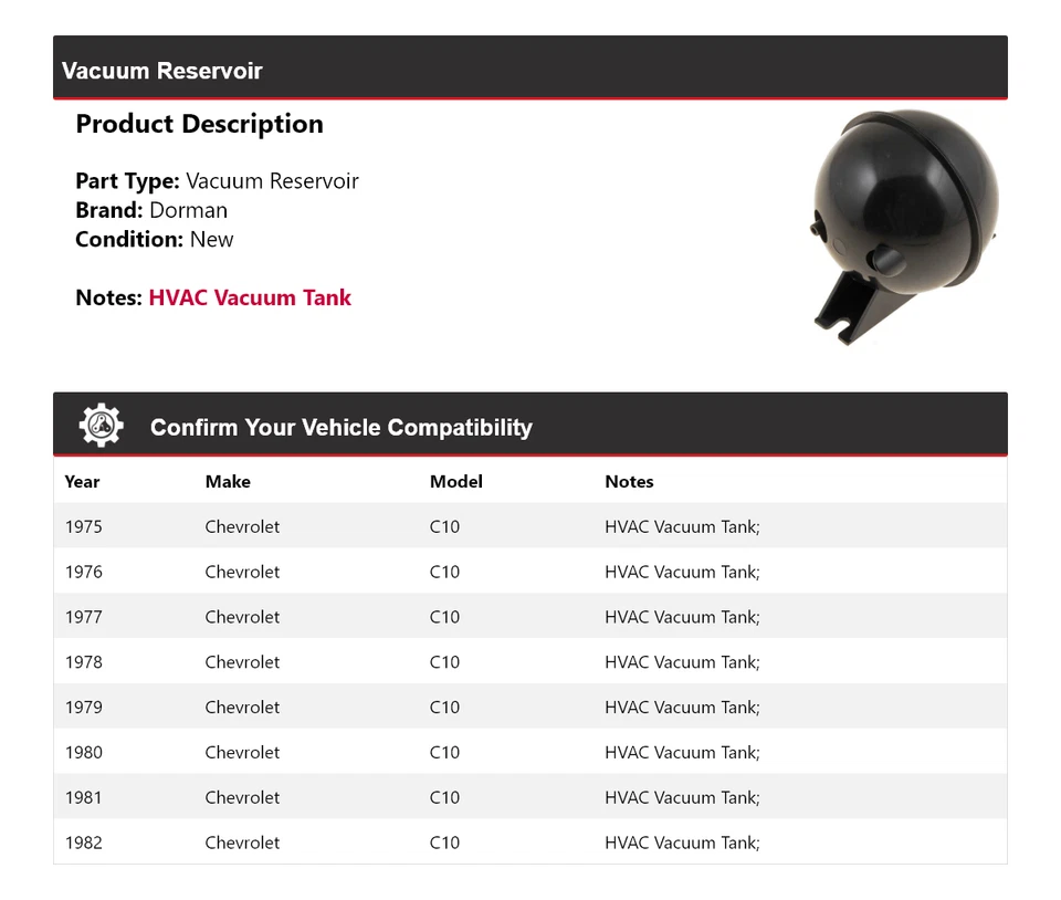 Depósito de vacío para Chevrolet C10 Dorman 1975-1982 1976 1977 1978 1979 1980 Foto 2 de 4