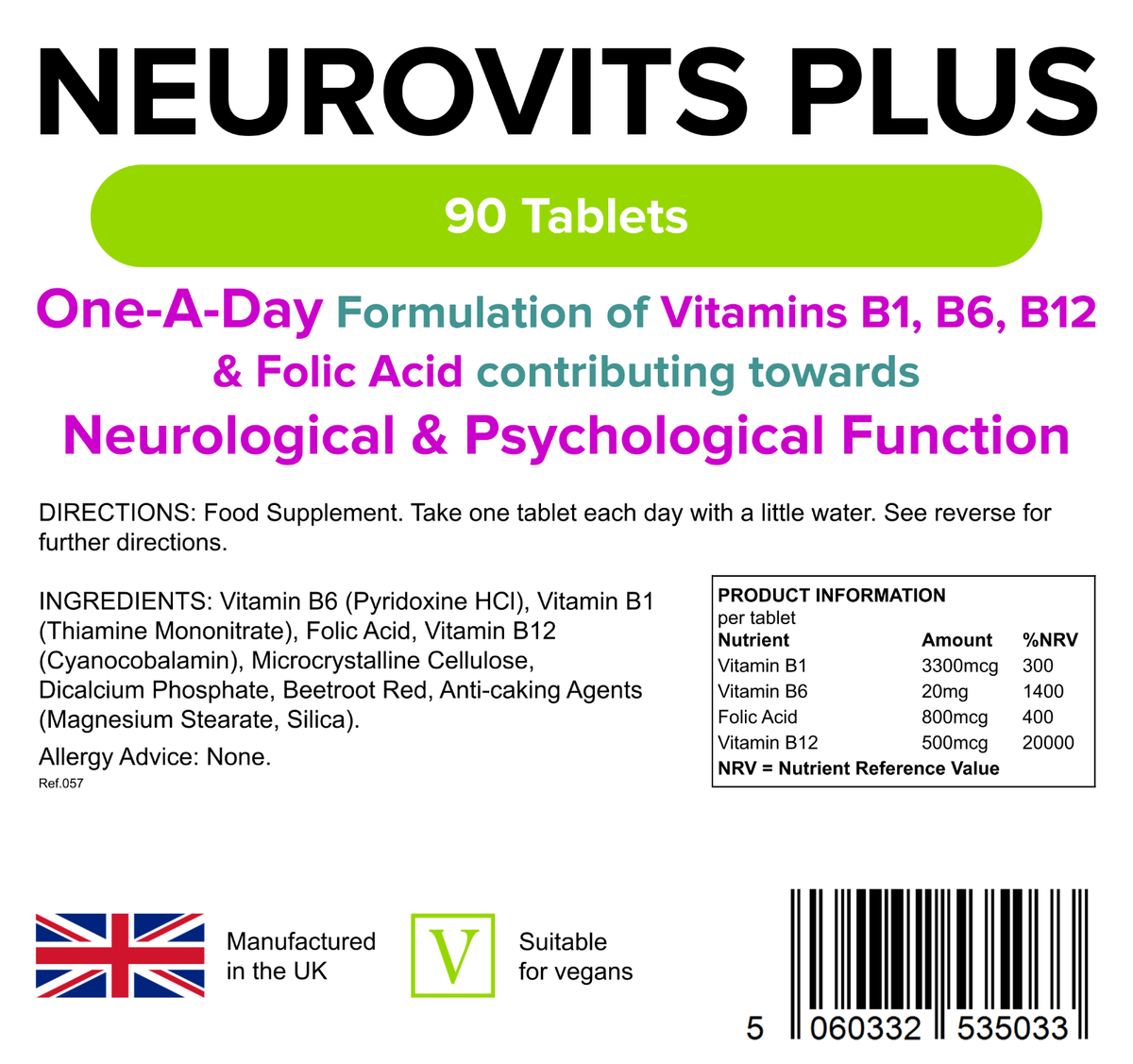 Complément Alimentaire Lindens Neurovits - Vitamines B12, B6, B1 Et Acide Folique, Neuf
