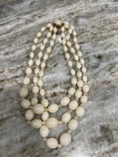 Vintage 3 Strand White Plastic Bead Necklace Hong Kong