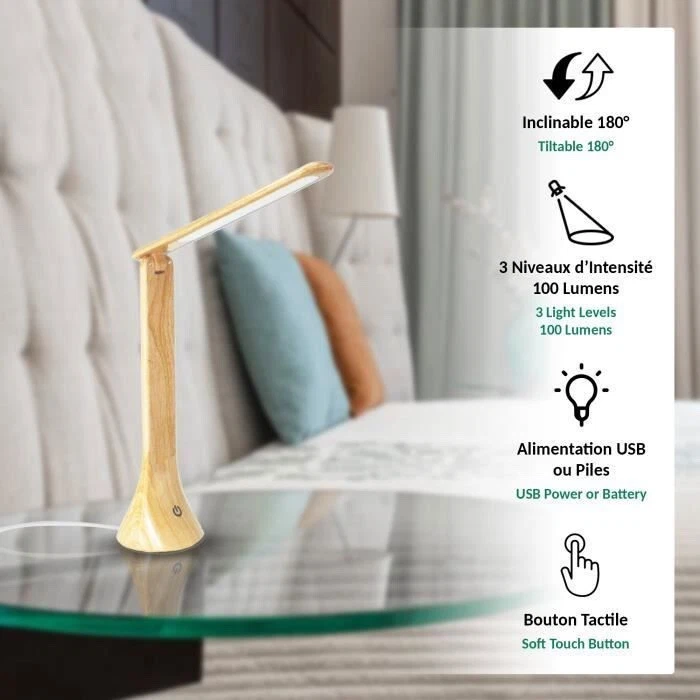 Lampe de Bureau LED Bois tactile Wood Touch Double Alimentation ( USB ou Piles) - Photo 4/4