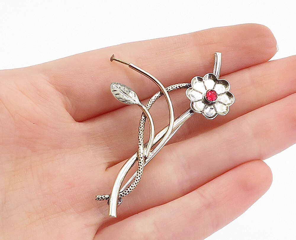 925 Sterling Silver Vintage Red Topaz Shiny Floral Vine Brooch Pin