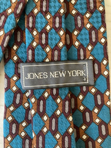 Jones New York Men's Necktie Tie Silk Teal Maroon Gray Tan Geometric Made in USA - Picture 4 of 6