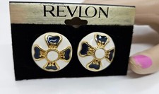 New Old Stock Vintage Revlon Pierced Earrings Blue White Enamel Floral Design 1"