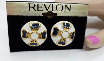 New Old Stock Vintage Revlon Pierced Earrings Blue White Enamel Floral Design 1''