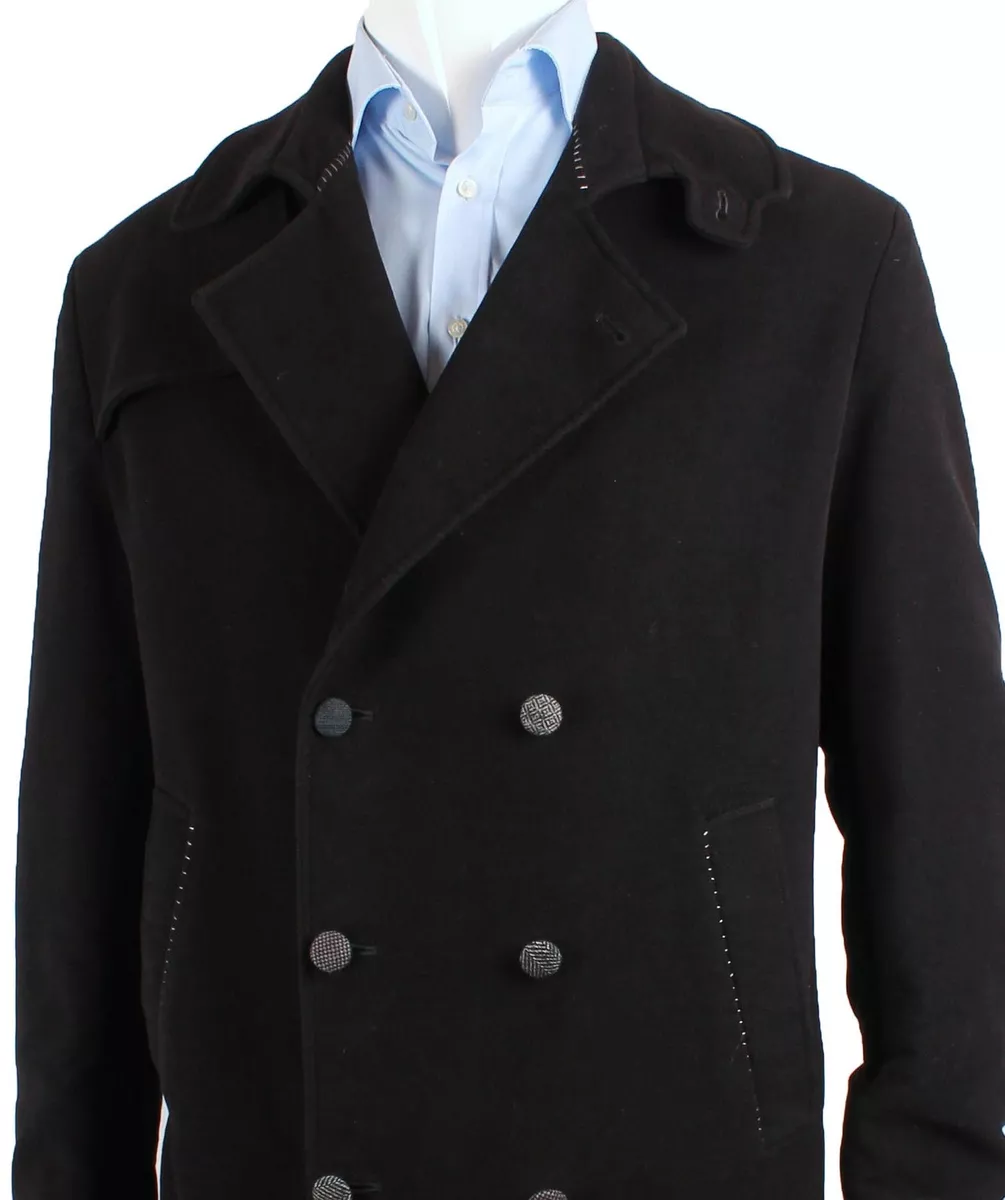 Holland Esquire DB LONG Black MOLESKIN Cotton Pea Coat Jacket XL New With Tags