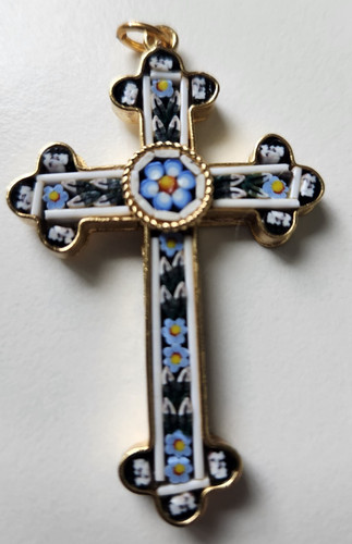 Vintage Italian Micro Mosaic Millefiori Cross Trilobed Floral Marked Italy & Box